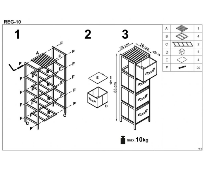 Policový regál s šedými látkovými boxy - REG10 - rozměry a montážní návod 